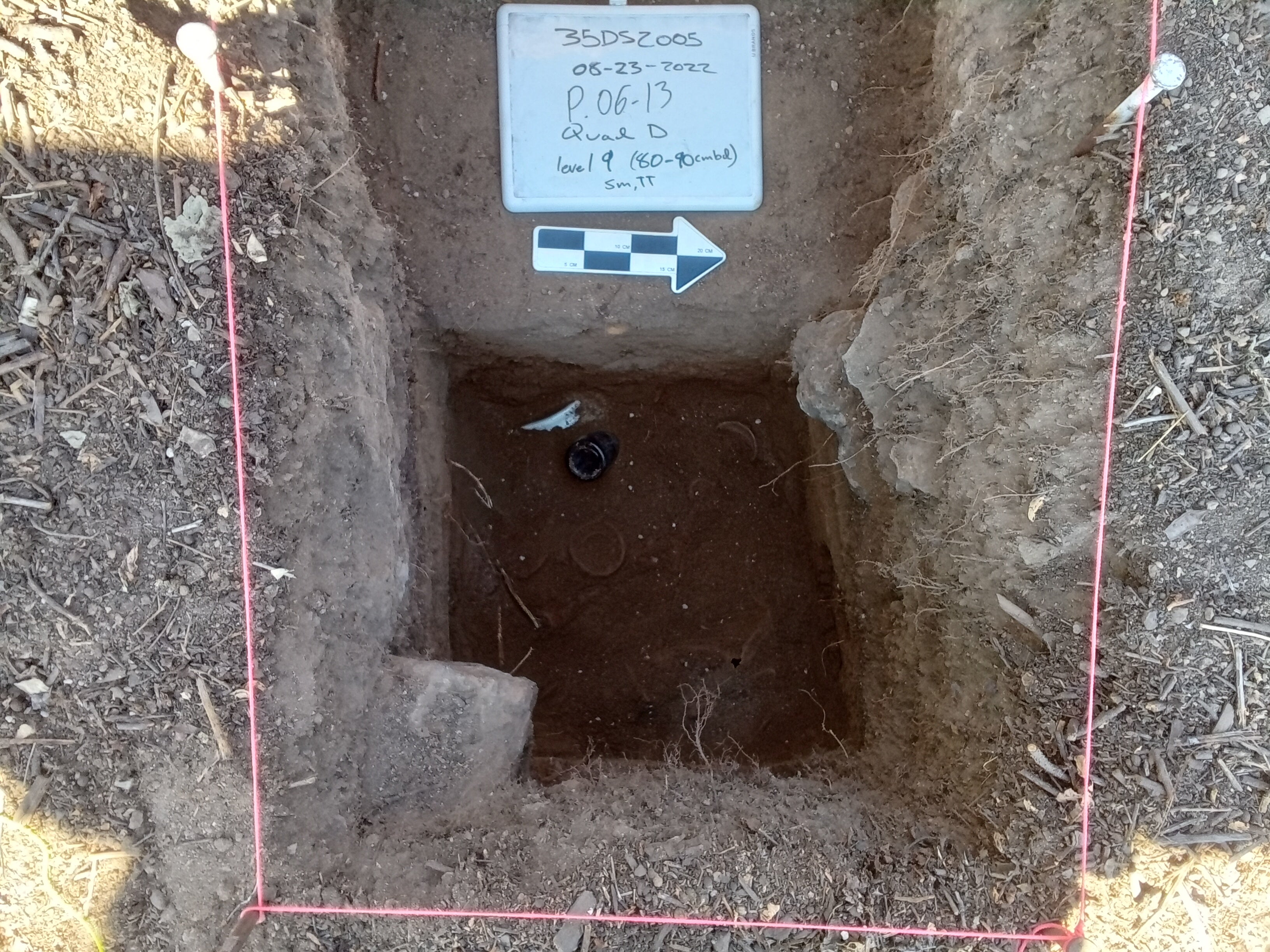 A square hole in the ground, surrounded by pink string and labelled with archaeological information