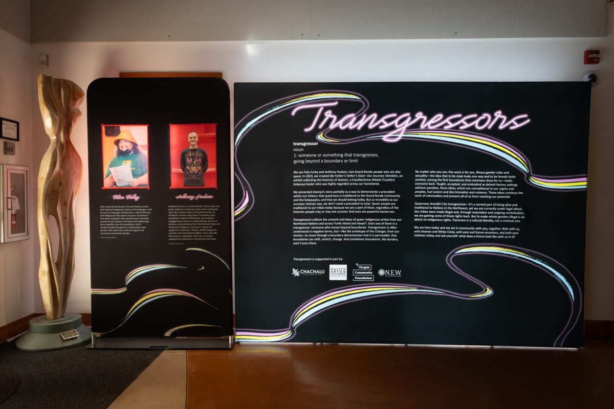 The exhibit titled “Transgressors,” presented by Felix Fury and Anthony Hudson, who are two Grand Ronde people, who are also queer