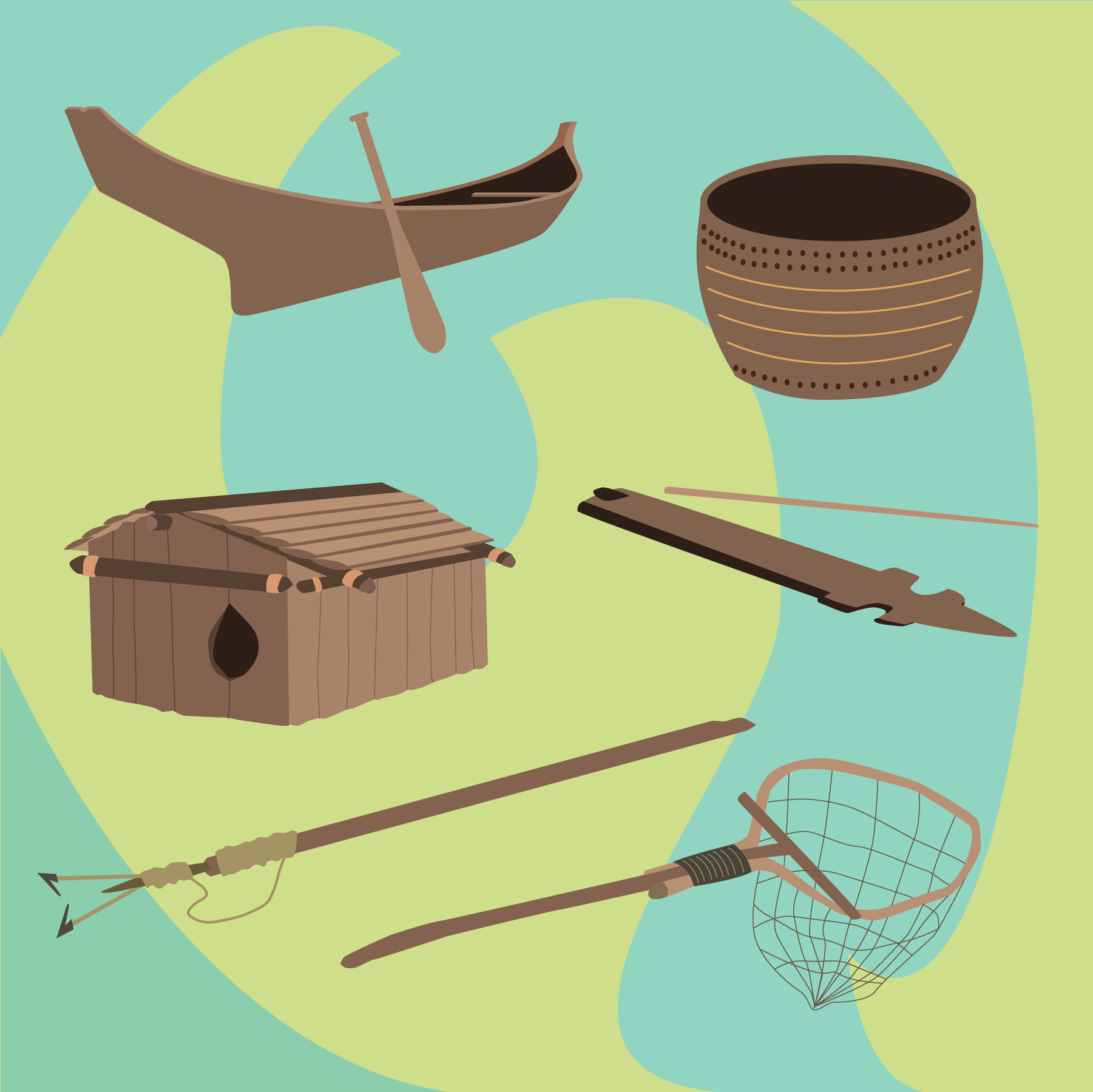A graphic of several instances of native engineering, including a canoe, an atlatl, a basket, and a fishing net.