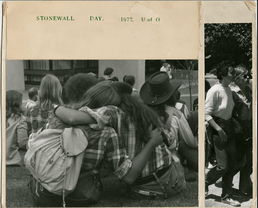 A clipping featuring longhaired people and the text Stonewall Day, 1977, U of O  