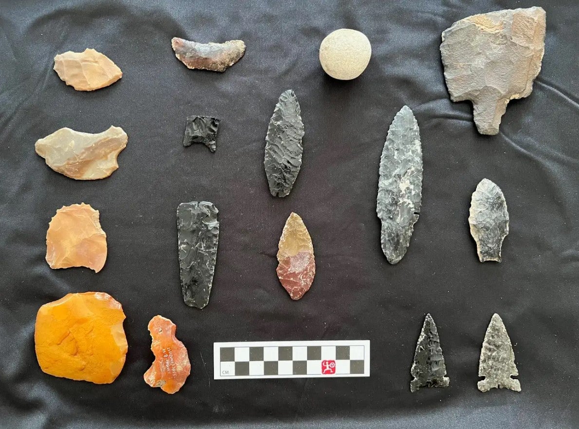 Several stone tools found at the Rimrock Draw Rockshelter in Oregon, including the large orange chalcedony tool found below ash from Mt. Saint Helens