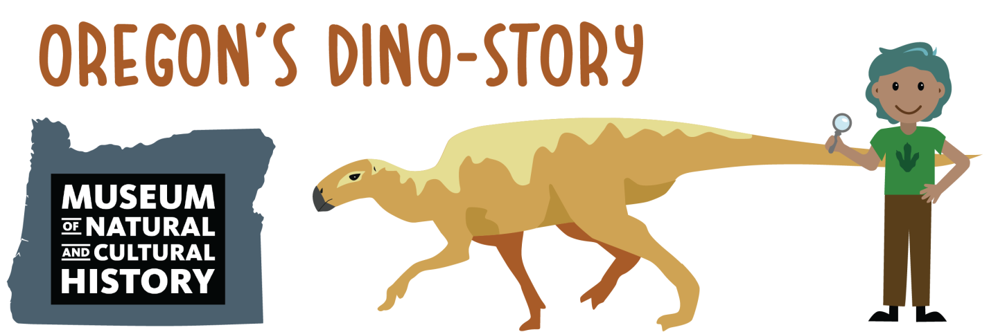Shape of Oregon next to a dinosaur next to a person under the titel Oregon's Dino-Story