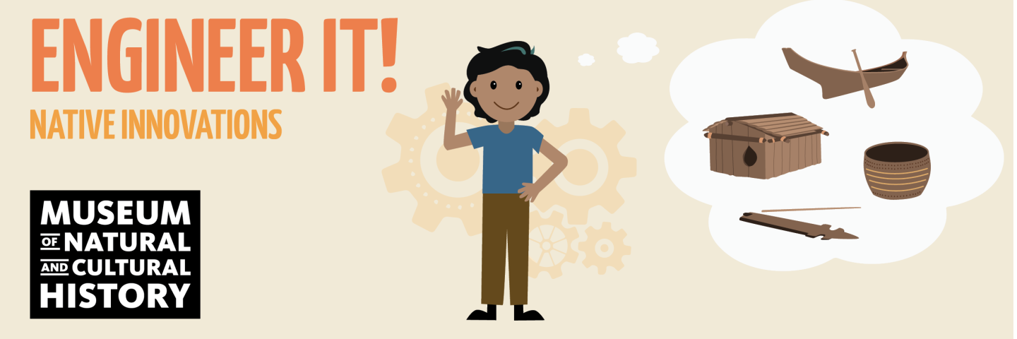 Drawing of a person and artifacts next to the title Engineer It! Native Innovations