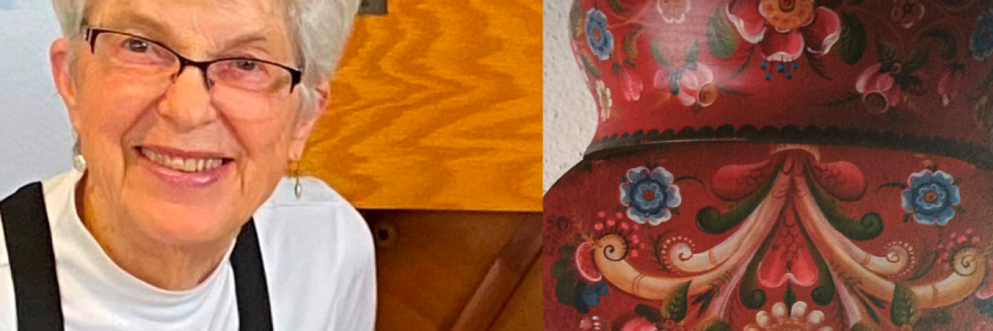 Gayle's headshot pictured next to her ornamental Rosemaling work.