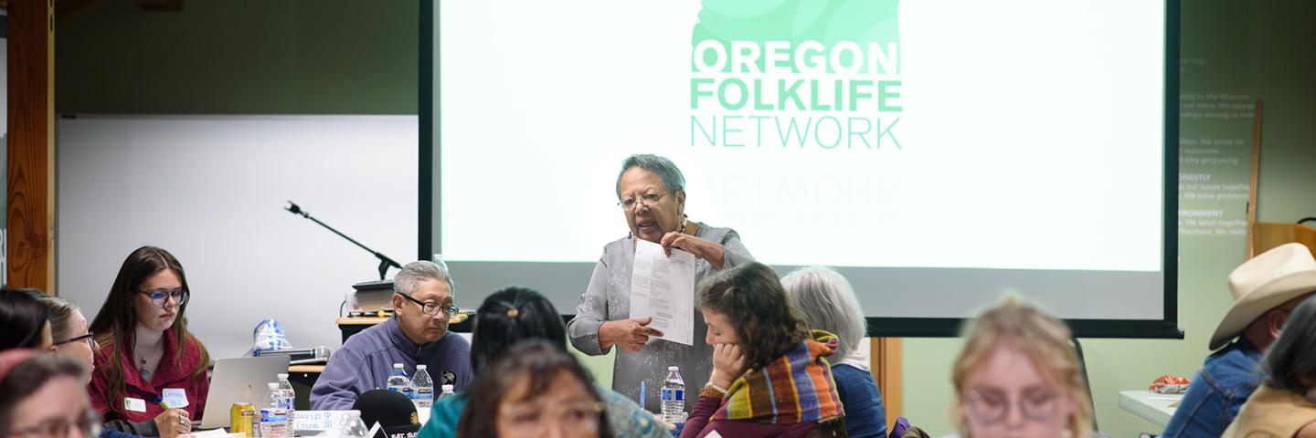 Celeste Whitewolf presents at OFN event. Get Involved page banner.
