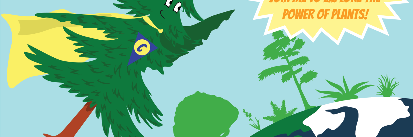 An illustration of a tree in a superhero cape soaring over the Earth