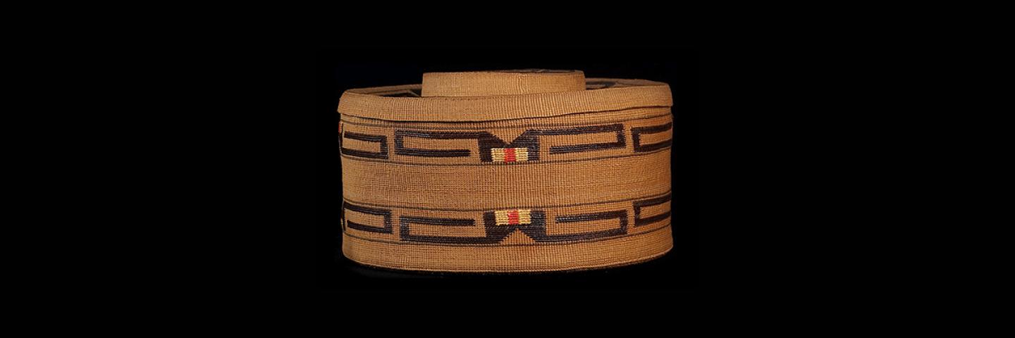 Tlingit spruce root rattle-top basket, received 1922
