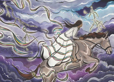 Transgressors. An indigenous femme presenting person on horseback with a white dress and rainbow ribbons.