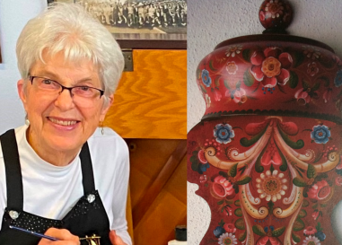 Gayle's headshot pictured next to her ornamental Rosemaling work.