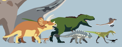 Drawing of a group of dinosaurs.