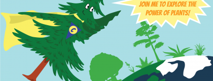 An illustration of a tree in a superhero cape soaring over the Earth