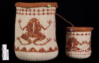 Large cylindrical bag and small cylindrical bag, each with a frog motif