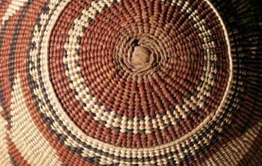 Hoopa or Karuk basketry cap, detail of start