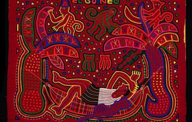 Mola showing man with gun in hammock, monkeys in banana plants. (exterior)