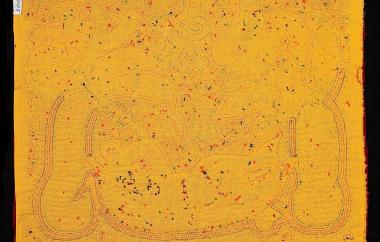 Mola showing man with gun in hammock, monkeys in banana plants. (interior)