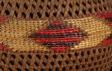 Open-twined, cross warp globular-shaped basket detail