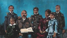 Oil portrait of an African American family with five children