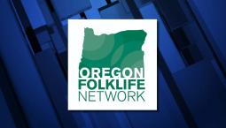 Green Oregon state outline with Oregon Folklife Network under it.
