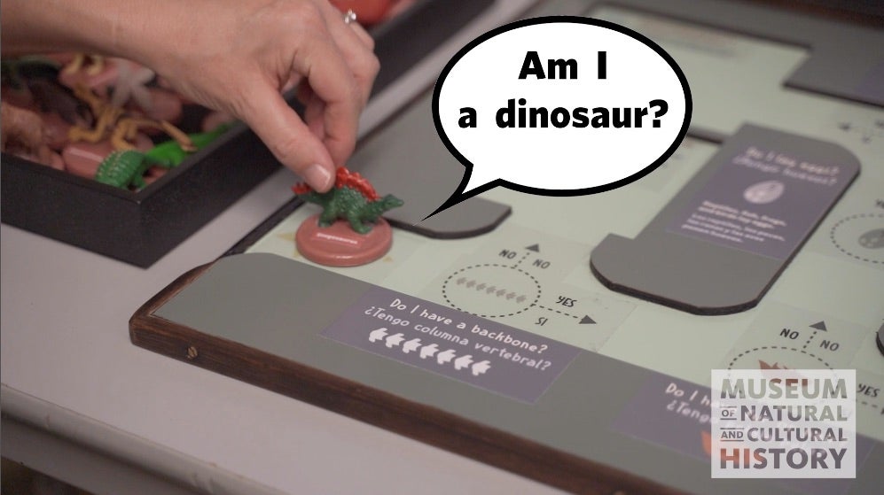 Image of a hand holding a dinosaur figurine. Text reads Am I a Dinosaur?