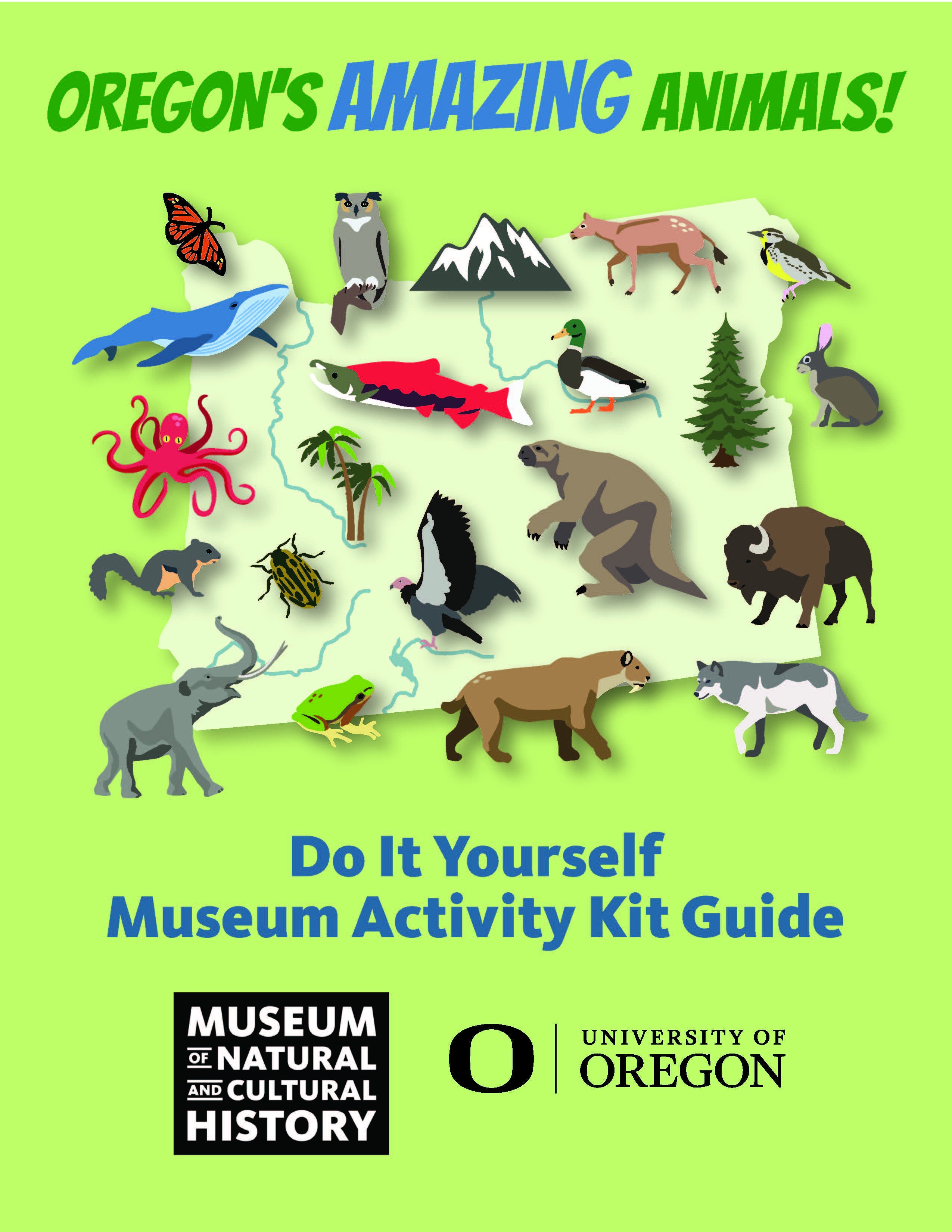 Outline of Oregon with drawings of animals and plants all over it.