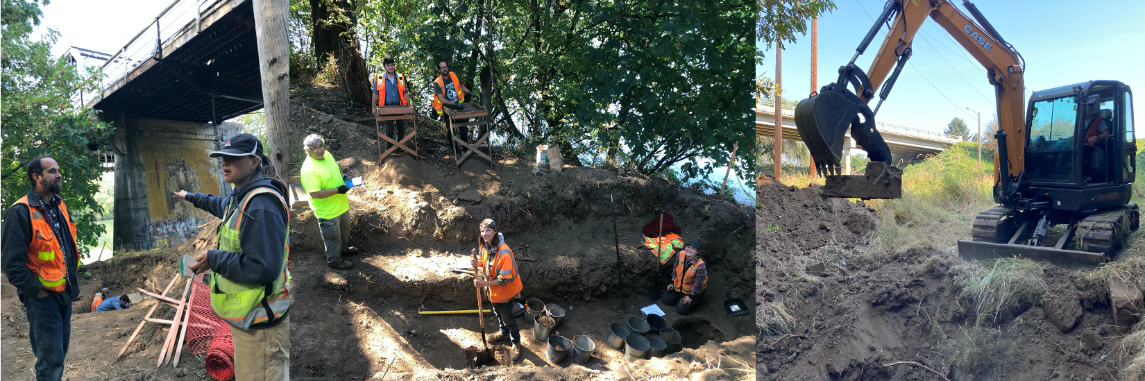 a mosaic of three photos. First is Chris and Marlene, a white man with a beard and a white woman with a ponytail, chatting in the shadow of the bridge while two people dig in the background. Second is a group of five people all wearing high-viz gear in various stages of digging. Third is an earth mover excavating some soil