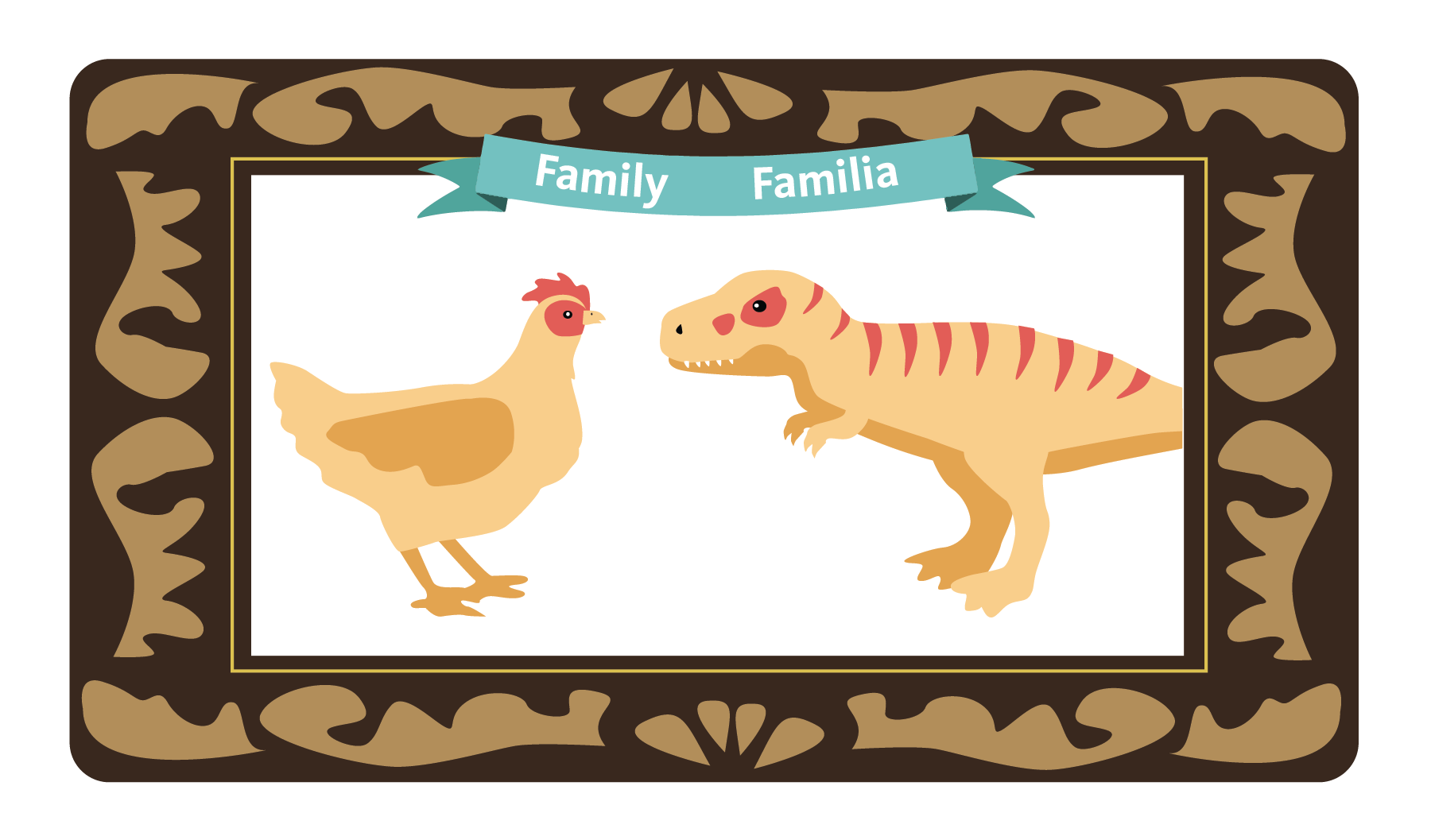 Drawing of a chicken and dinosaur in a framed picture, with the word Family above them.