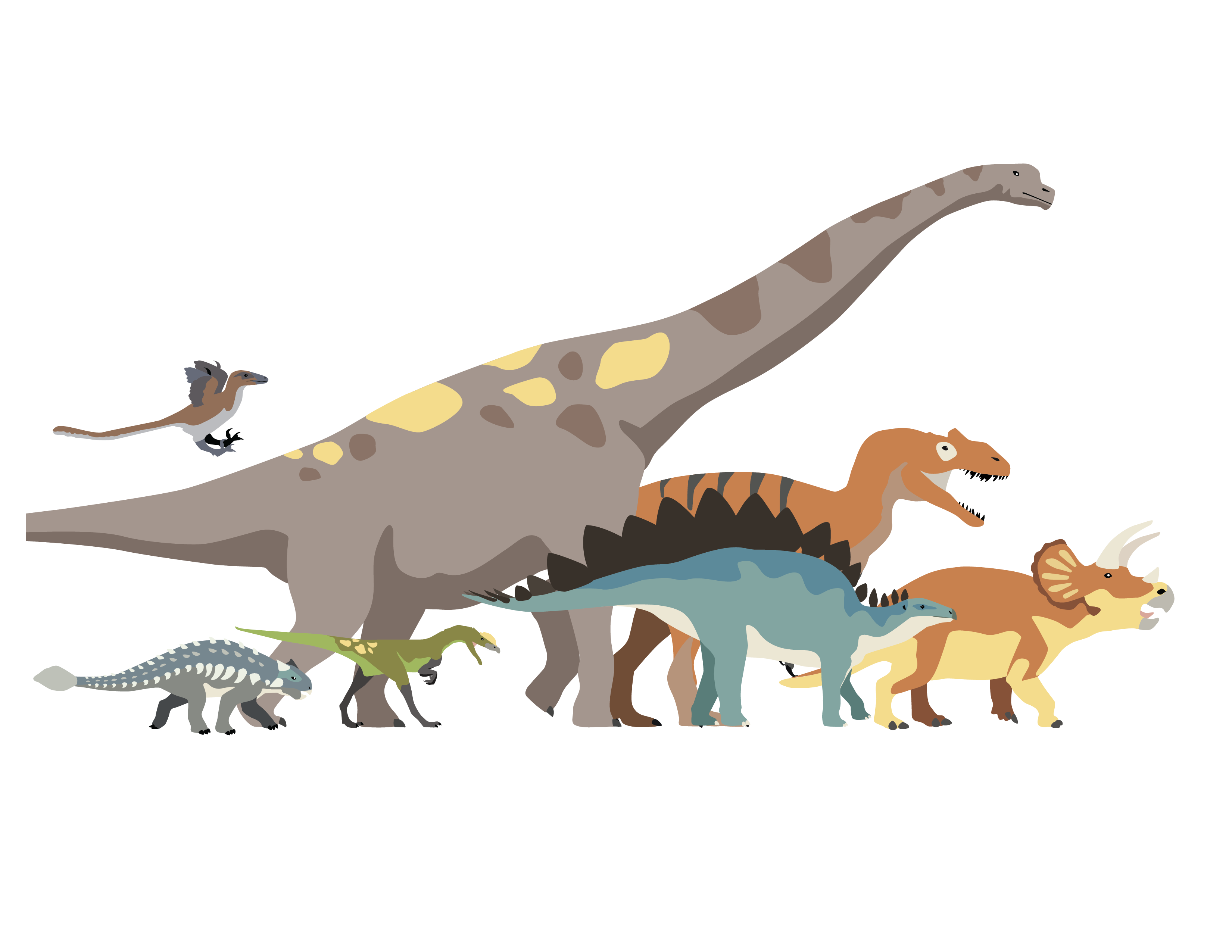 Drawing of a group of dinosaurs in various sizes. 