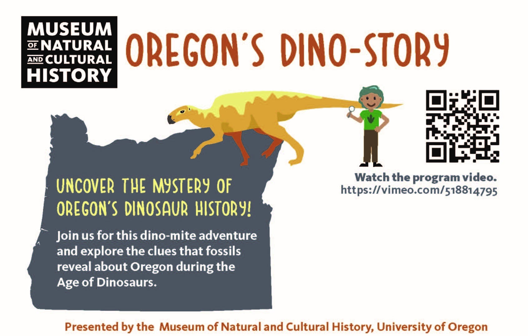 Shape of Oregon with a dinosaur and person over the top with the title Oregon's Dino-Story