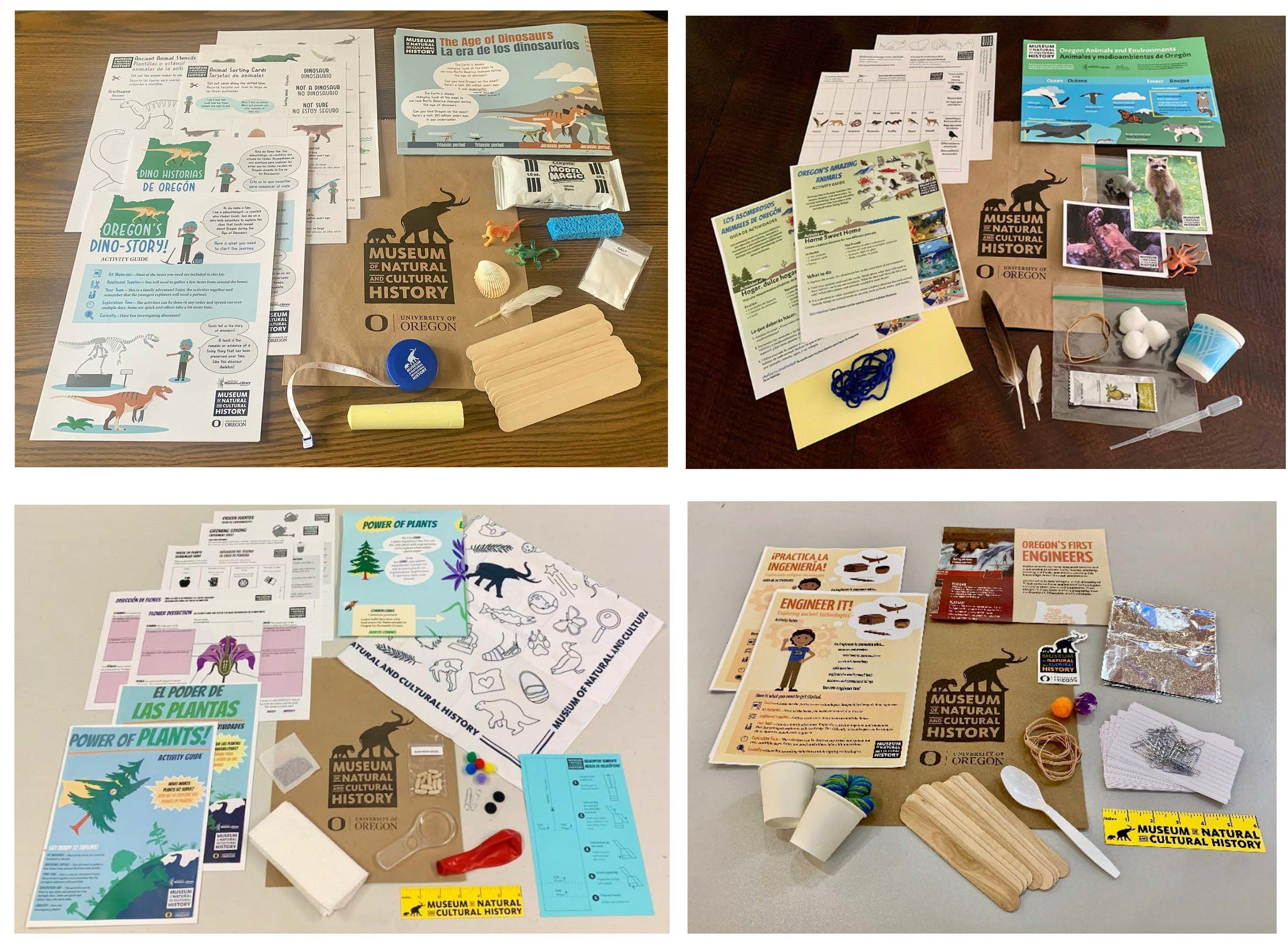 Four activity kits laid out on tables