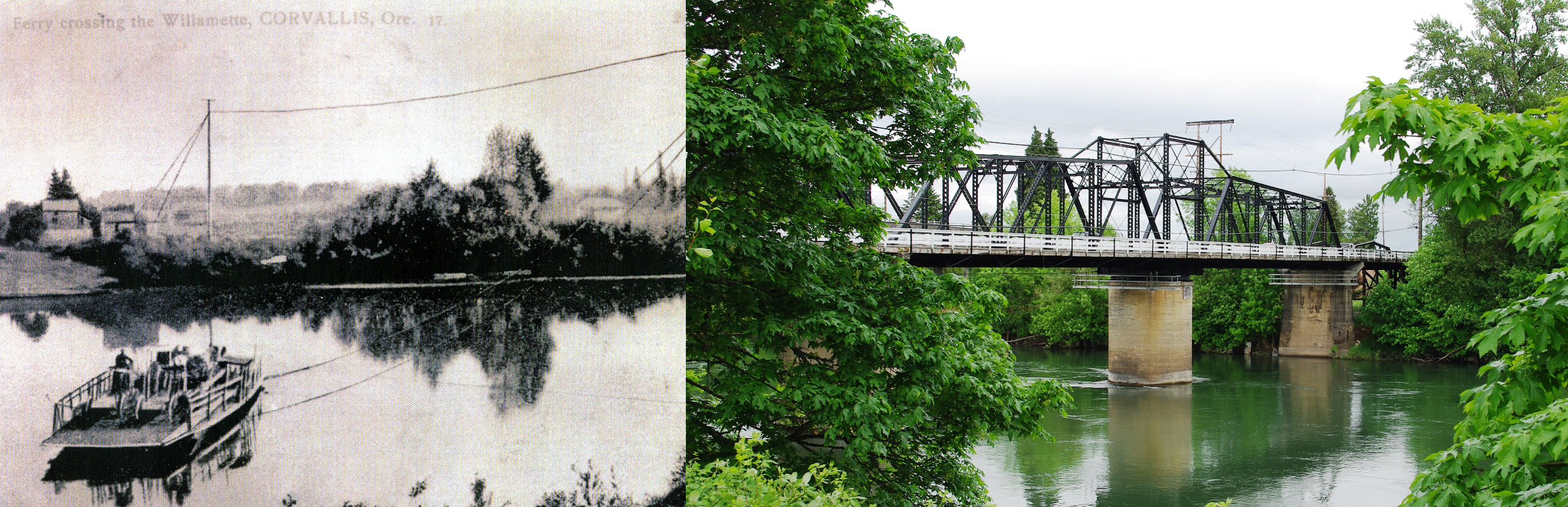Two images, one black and white from the early 1900s of a ferry landing, one of the modern Van Buren bridge