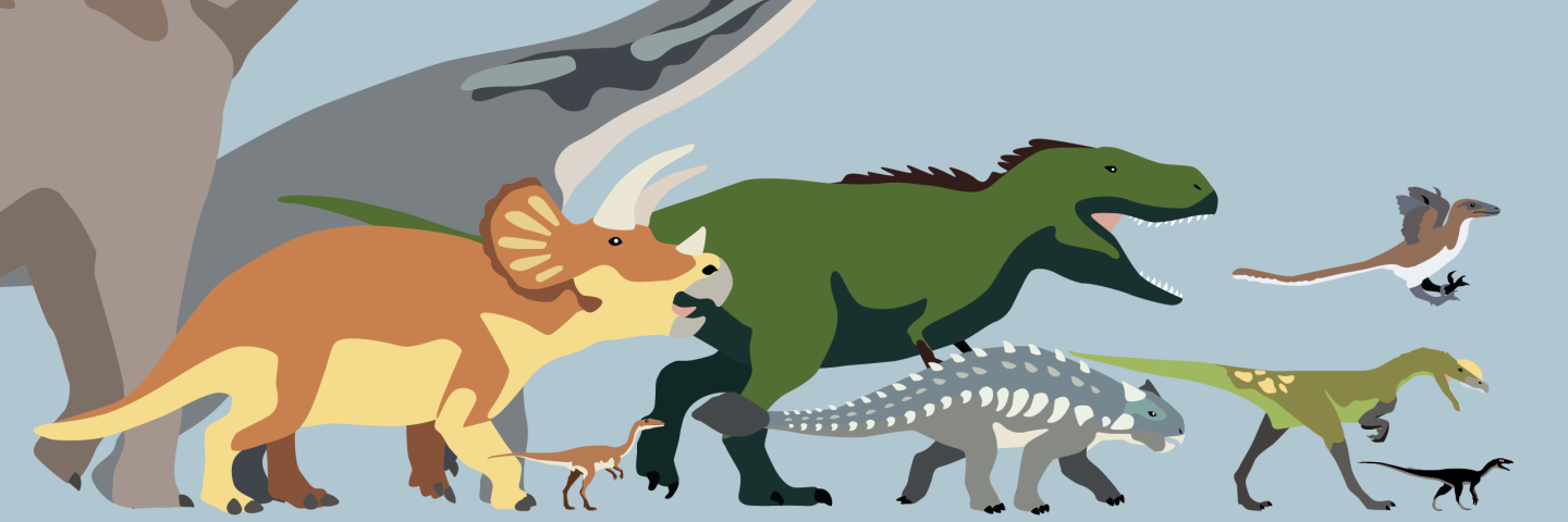 Drawing of a group of dinosaurs.