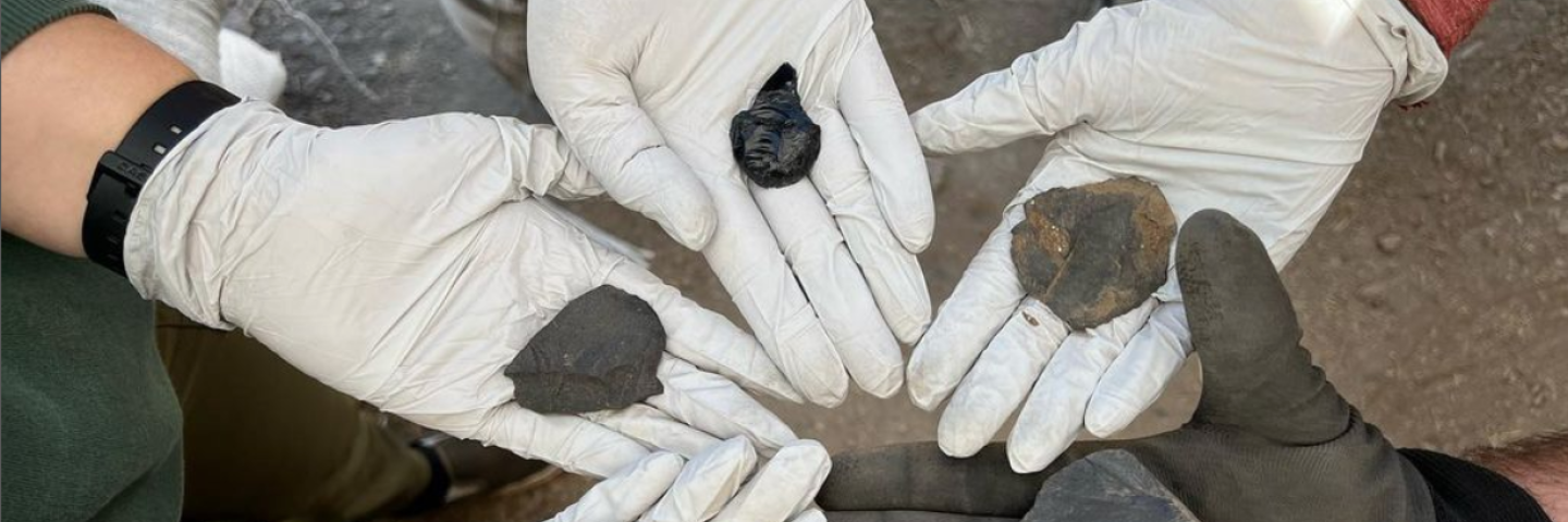 Five hands holding stone tools in a circle