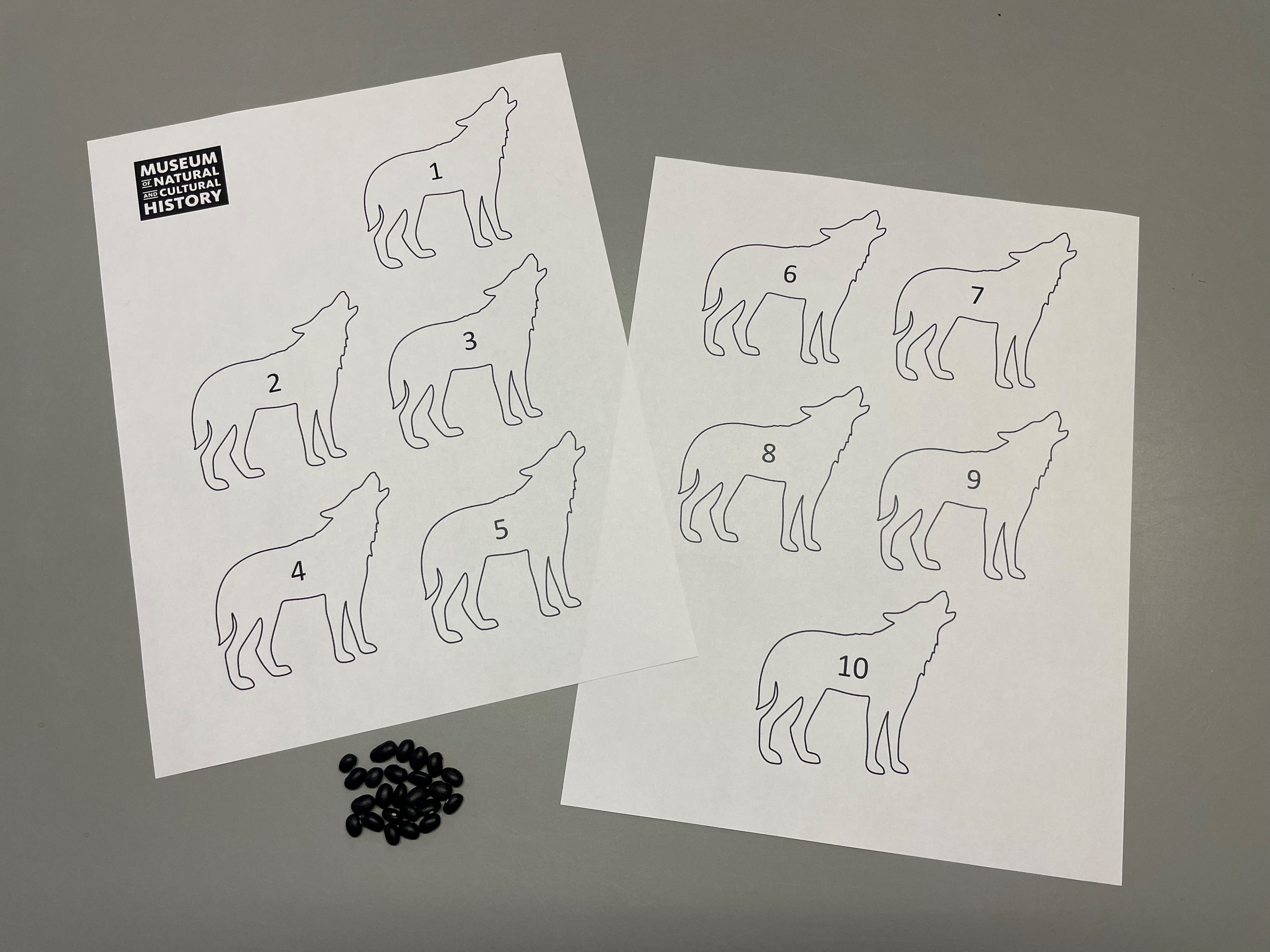 An activity sheet with outlines of wolves. 