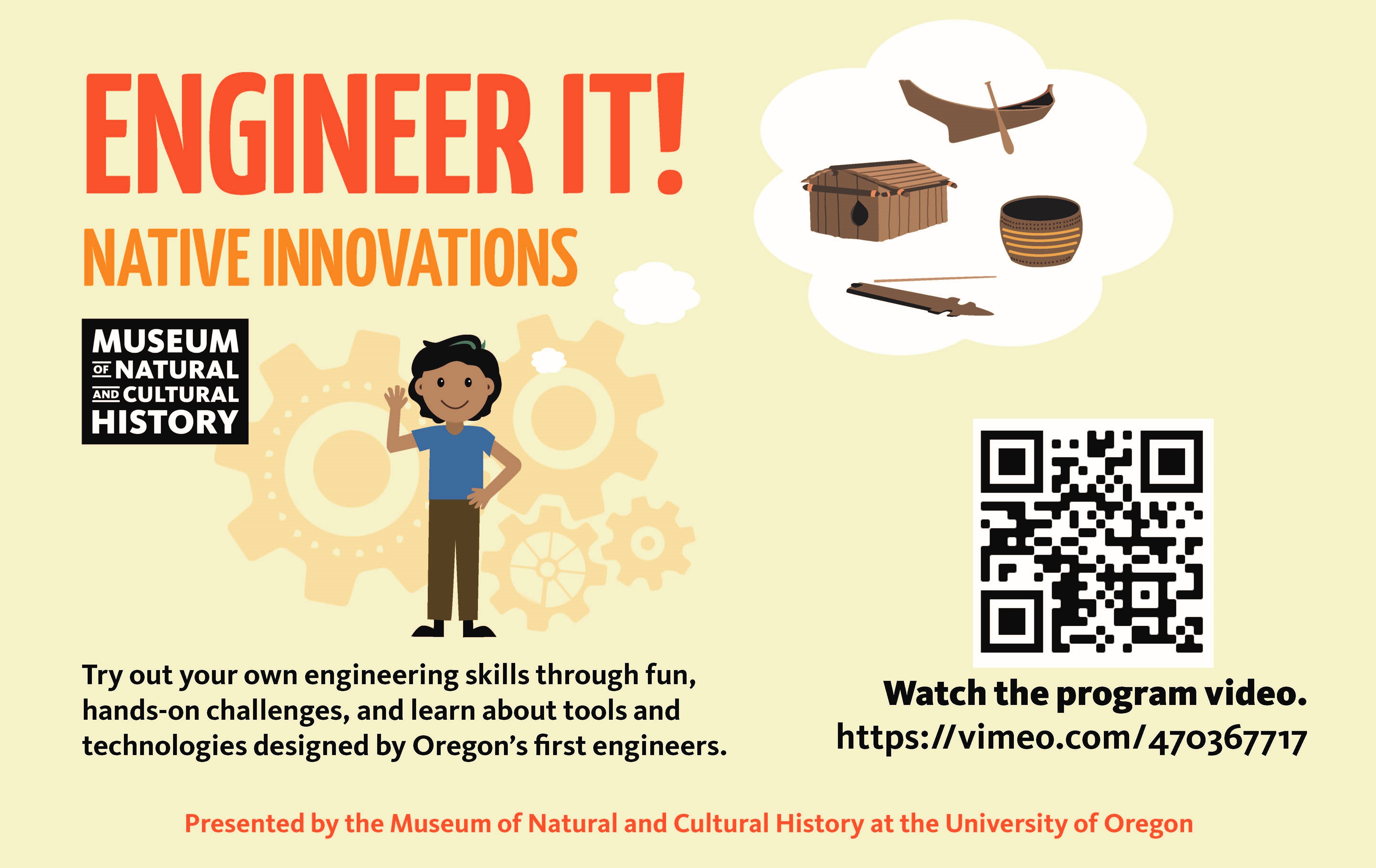 A drawing of a person next to artifacts under the title Engineer It! Native Innovations
