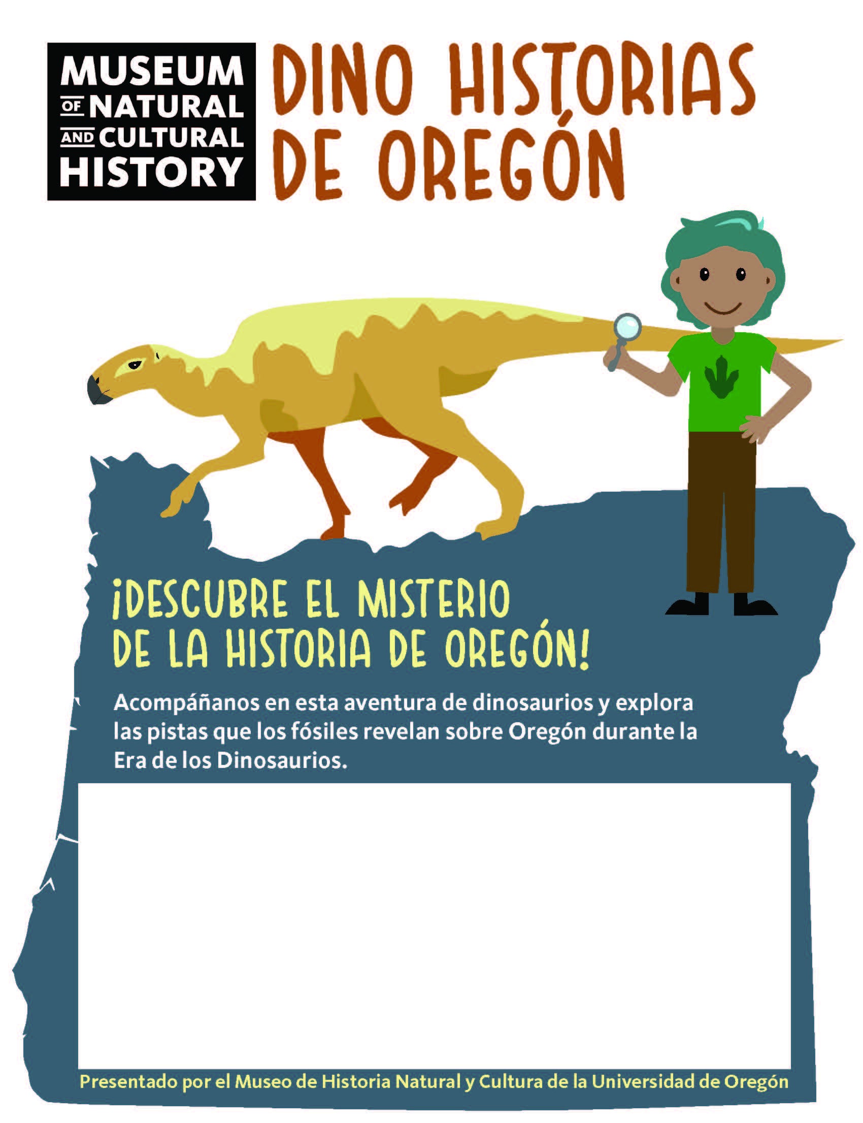 A dinosaur appears beneath the title Oregon's Dino-Story and bove a blank space for program details