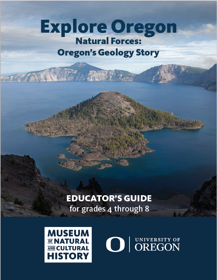 Oregon's Geology Story cover, showing Wizard Island in the middle of Crater Lake, Oregon