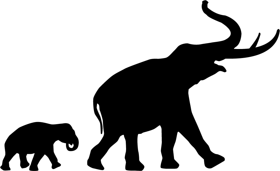 A silhouette of a baby mammoth and adult mammoth walking