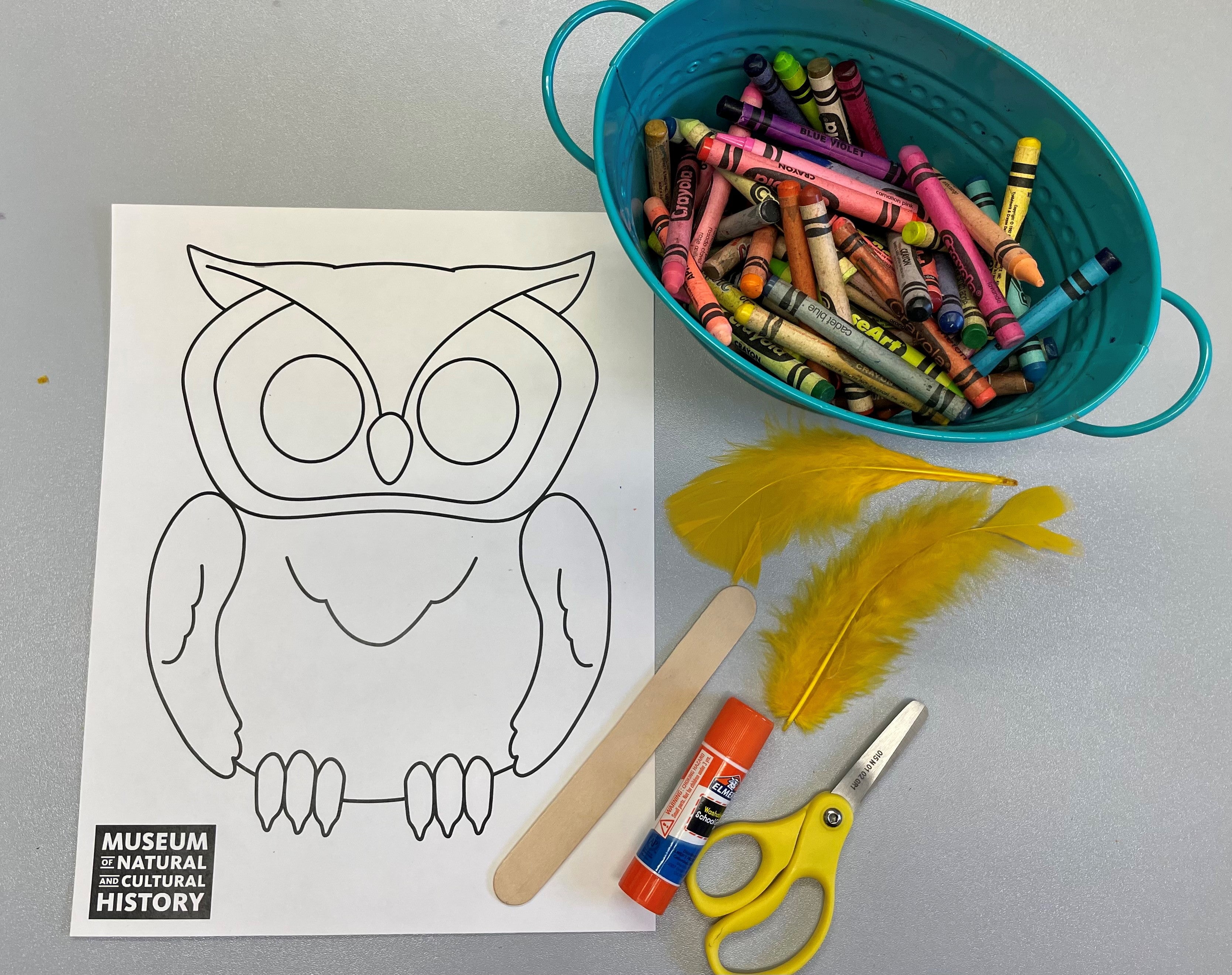 The owl mask activity, showing an owl outline a green bowl full of colorful crayons