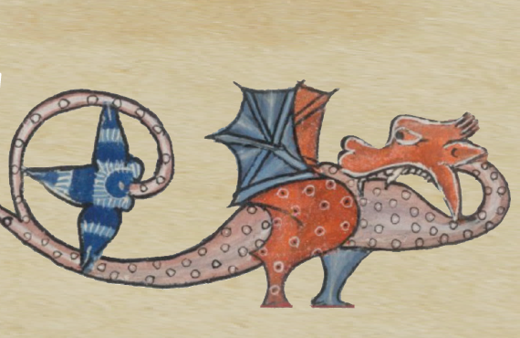 A medieval dragon drawing, red and blue, with the dragon looking backward over its tail