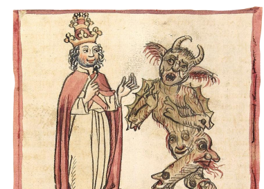 A medieval painting of Pope Sylvester II and the Devil 