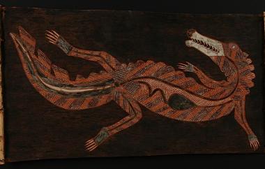 Crocodile in x-ray, by Naguljilmi Oenpelli, Arnhem Land 26.5" x 14.25", Cat. No. 6-31