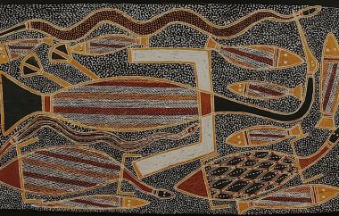Bird, snake, lizards, and fish, Yirrkalla, Arnhem Land 30.5" x 17.75", Cat. No. 6-36
