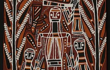 Four human figures and a kangaroo, Milingimba, Crocodile Island, North Arnhem Land 25.5" x 15.25", Cat. No. 6-39