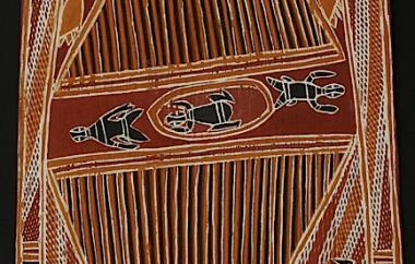 Three human figures, two birds, and two snakes, Yirrkalla, Northeast Arnhem Land 31.5" x 16.5", Cat. No. 6-42