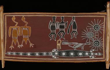 Three suns and three human figures by Larrtjungga, Northeast Arhem Land 13" x 23", Cat. No. 6-90
