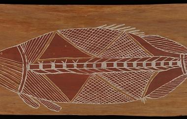 Fish by Mijau Mijau, Gunwinggu Tribe, West Arnhem Land 27" x 12", Cat. No. 6-94